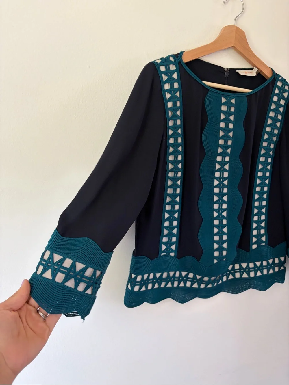 Tory Burch Germaine Boat Neck Embroidered Navy Blue & Teal Long Sleeve Silk Top